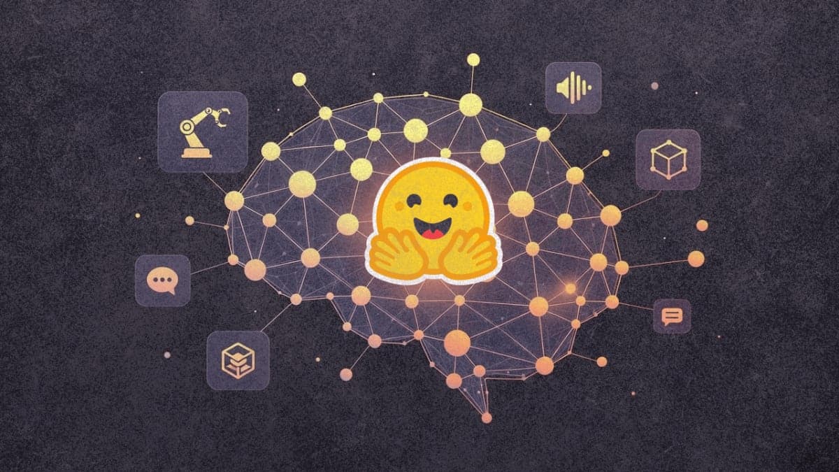 Abstract illustration of interconnected AI learning domains with Hugging Face brand colors