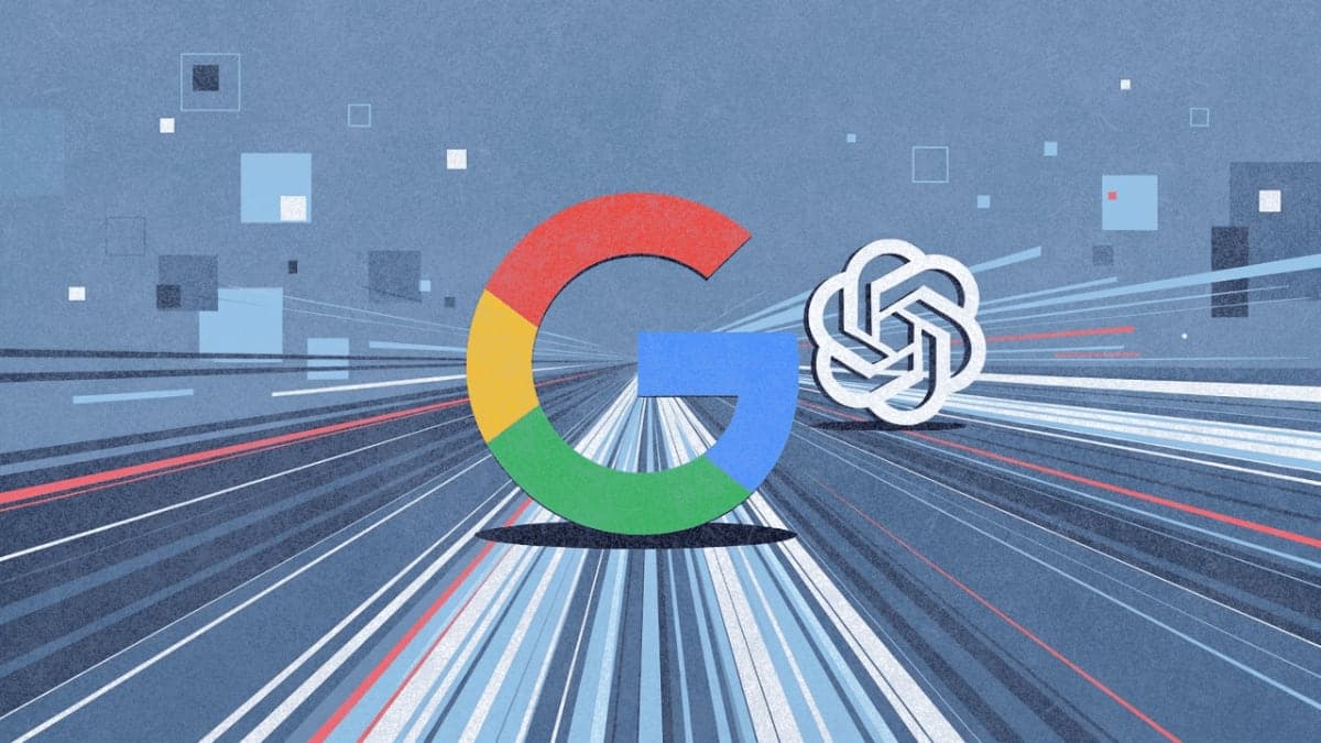 Illustration of Google leading OpenAI in a stylized digital race