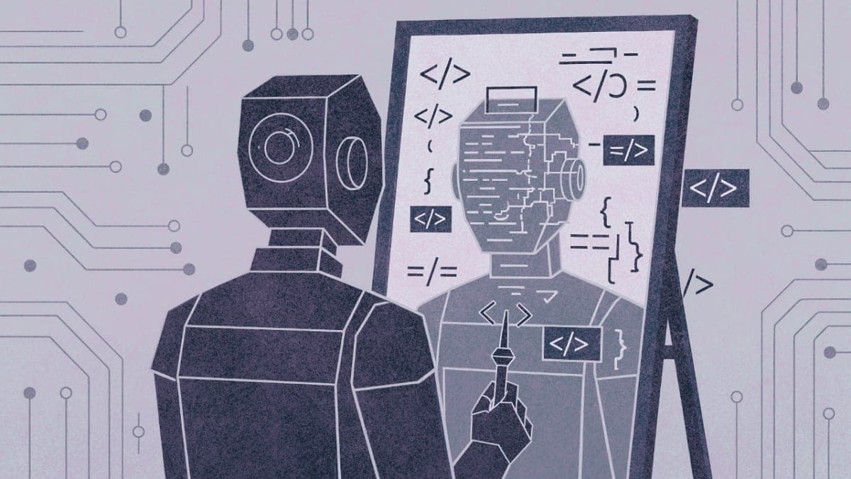 Abstract illustration of an AI agent examining corrupted code through a reflective surface, representing self-play training where models learn by creating and fixing their own bugs.