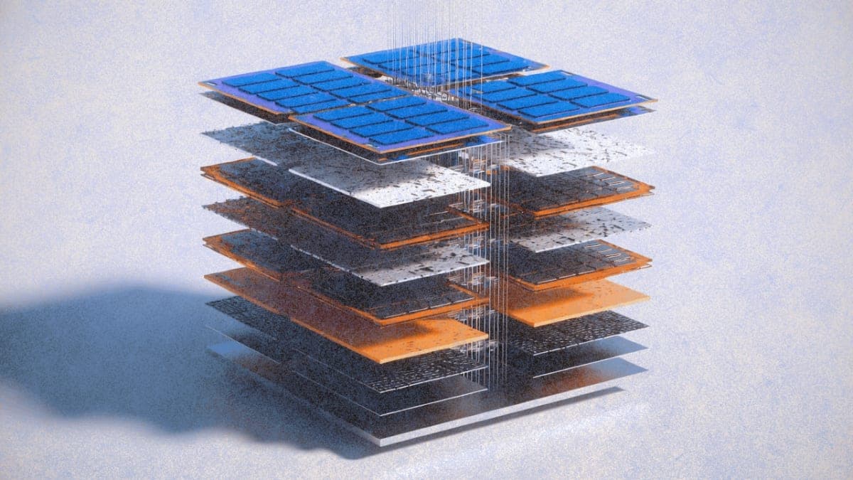 Cross-section illustration of a monolithic 3D chip showing stacked memory and compute layers with vertical interconnects