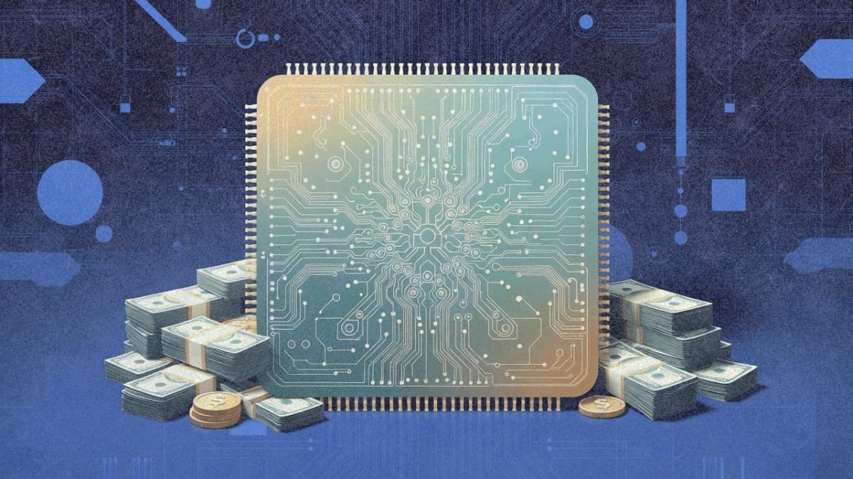Illustration of an AI chip surrounded by stacked cash representing Nvidia's $20 billion Groq acquisition