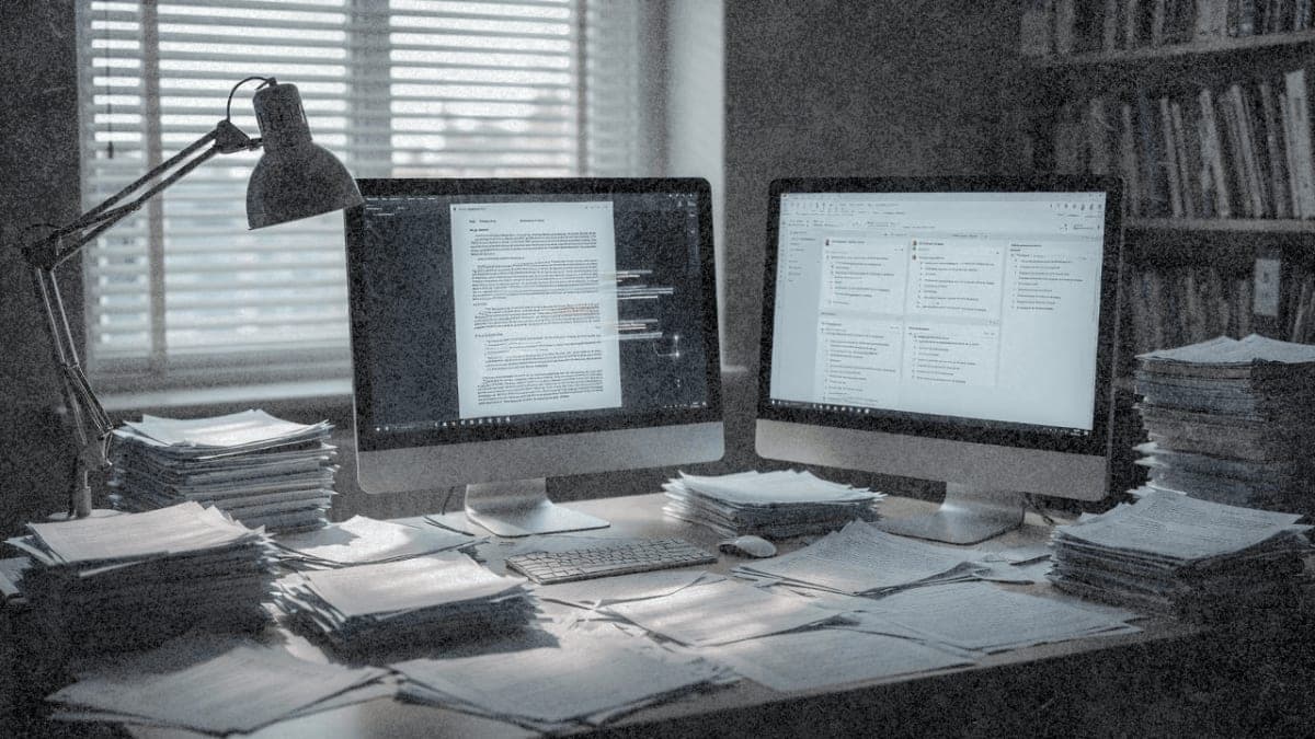 Academic desk with research papers and computer screens showing manuscript editing and journal correspondence