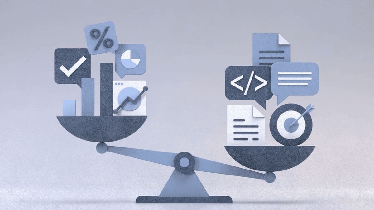 Balance scale comparing AI benchmark metrics against real-world task performance