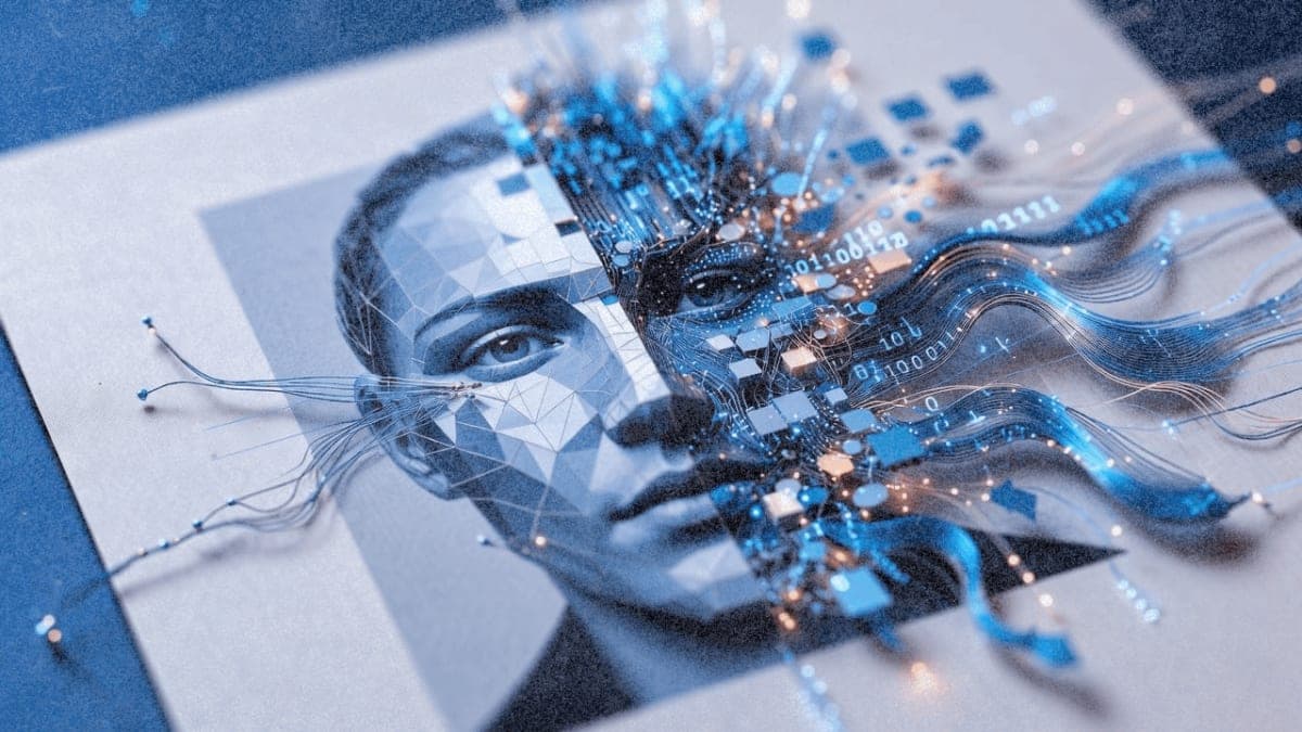 Digital identity document with face dissolving into pixels, representing deepfake fraud