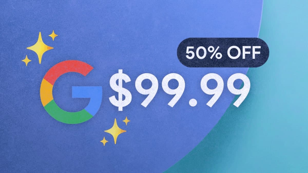 Google AI Pro New Year deal promotional graphic showing 50% off pricing