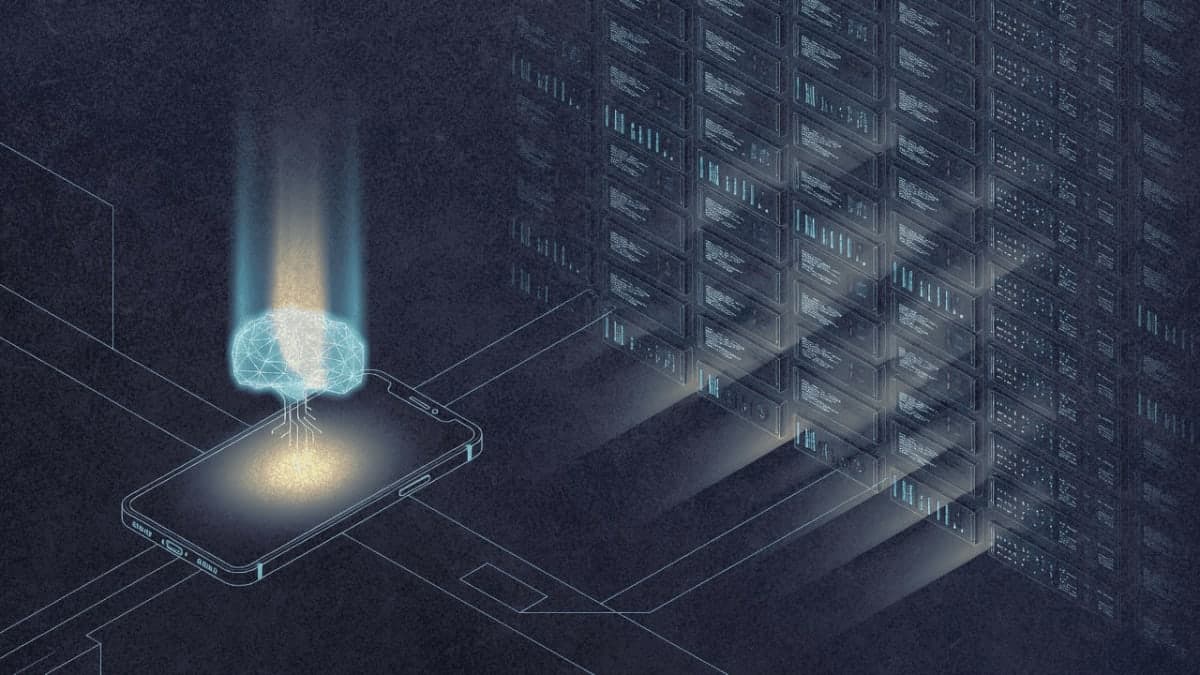 Illustration showing a compact AI neural network fitting into a mobile device, contrasted with large server infrastructure in the background, representing the shift toward small language models for edge deployment.