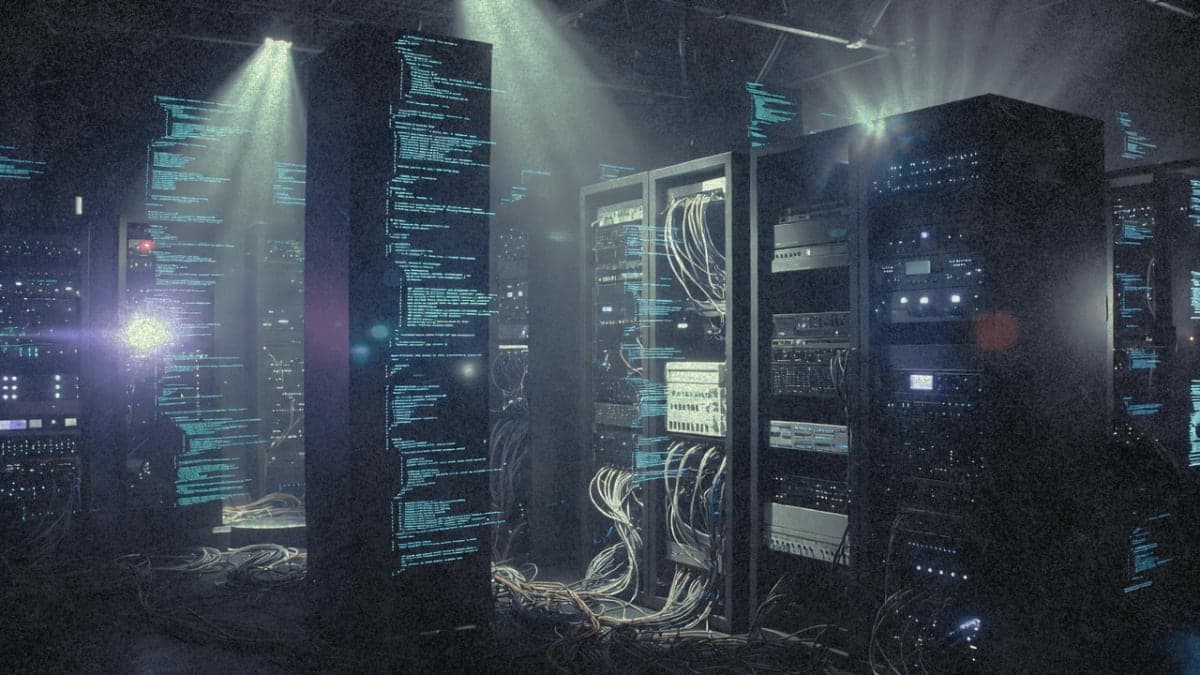 Server room with holographic code displaying duplicated blocks, representing technical debt accumulation in AI-assisted software development