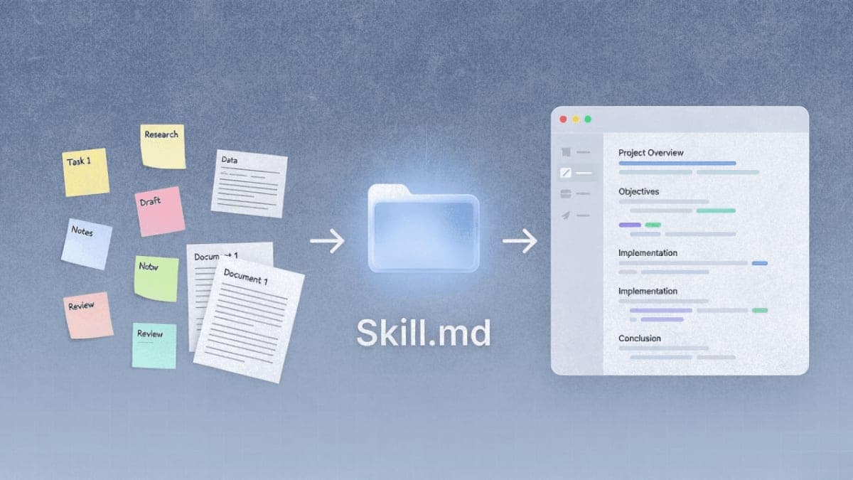 Illustration of manual workflow documents being packaged into a Claude Skill folder, resulting in organized AI output