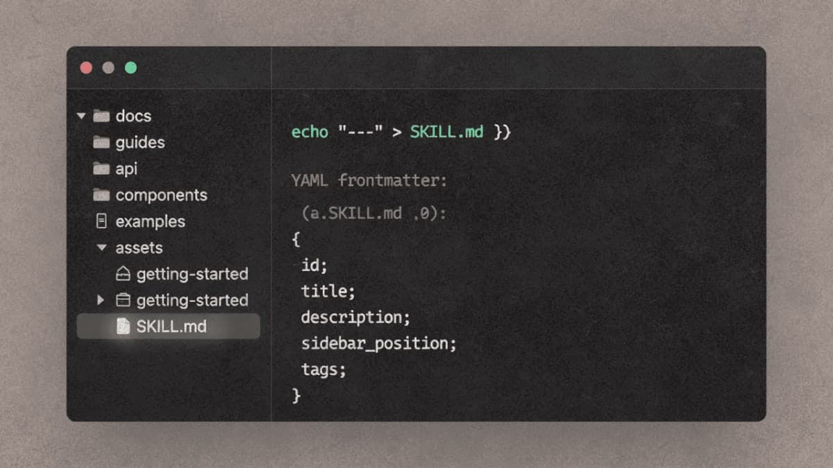 Terminal showing SKILL.md file creation with folder structure for Claude Code Skills