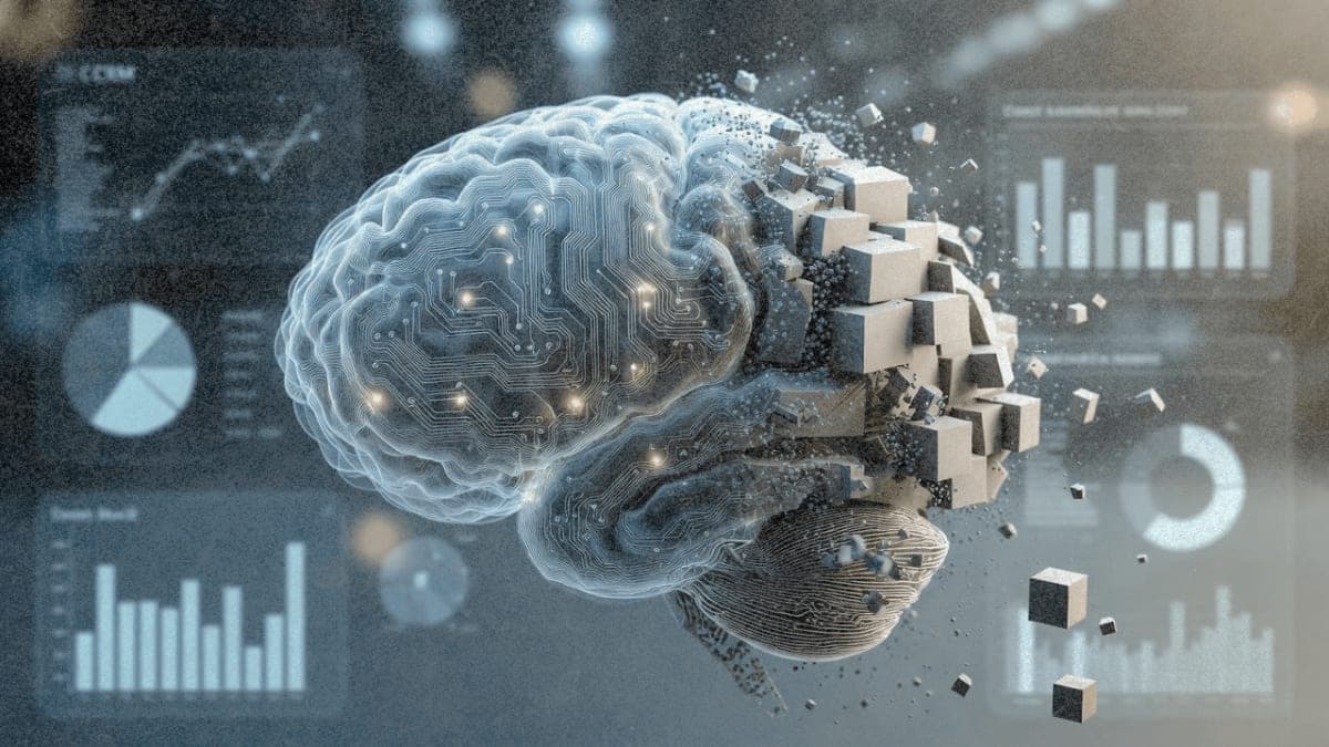 Illustration showing AI brain transitioning from fluid neural patterns to structured rule-based blocks, representing Salesforce's shift from generative AI to deterministic automation