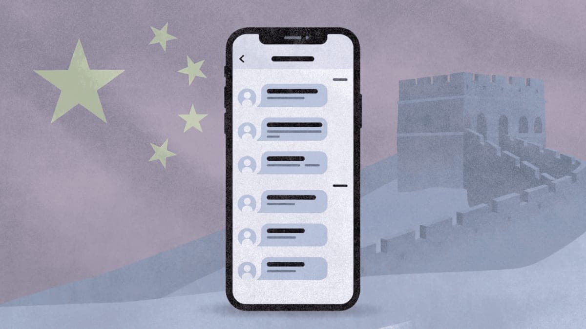 Illustration of iPhone with censored chat messages and Chinese national imagery in background