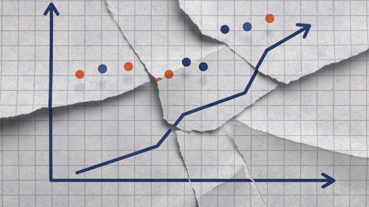 Illustration of an ascending progress line on a warped and unstable graph grid, representing AI capability acceleration alongside measurement uncertainty