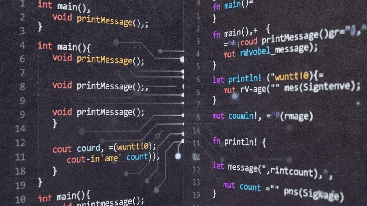Abstract visualization of C++ code transforming into Rust code with AI elements connecting both sides