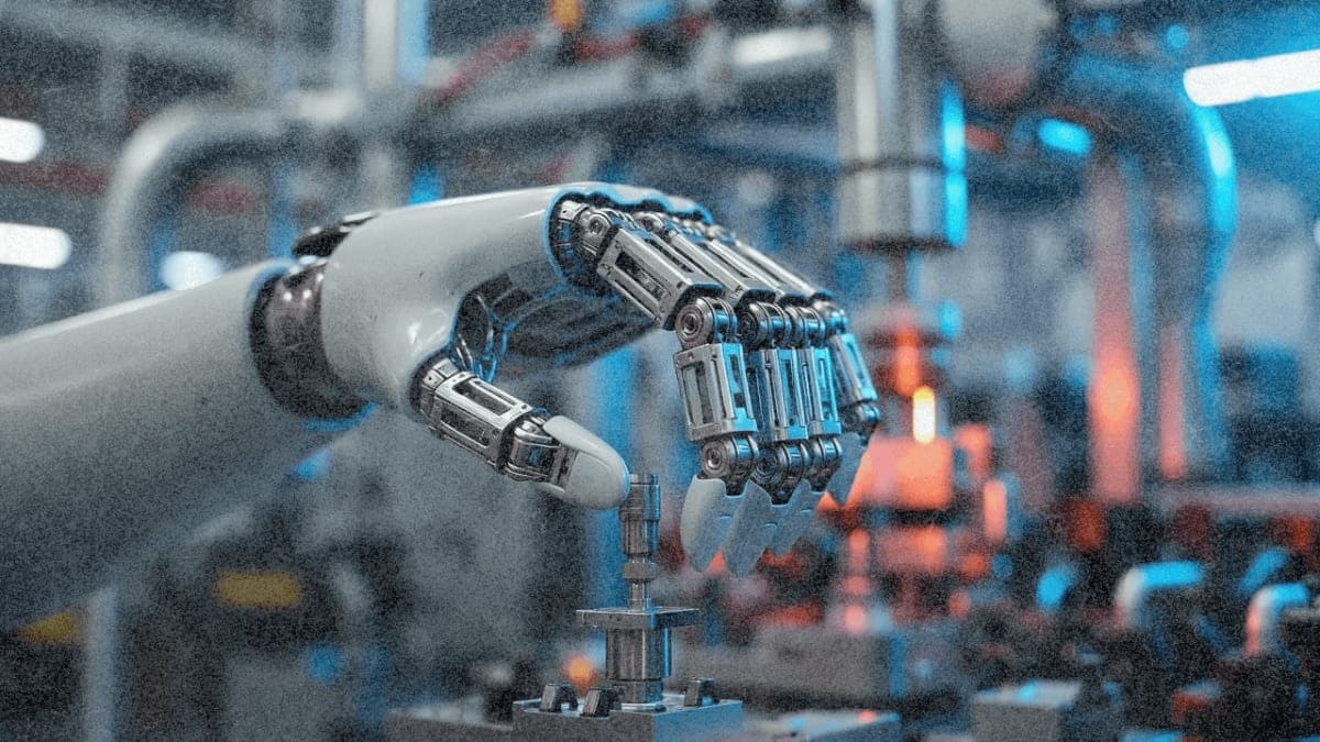 A humanoid robot hand performs precise manipulation in an industrial facility, demonstrating the fine motor control enabled by new AI foundation models.
