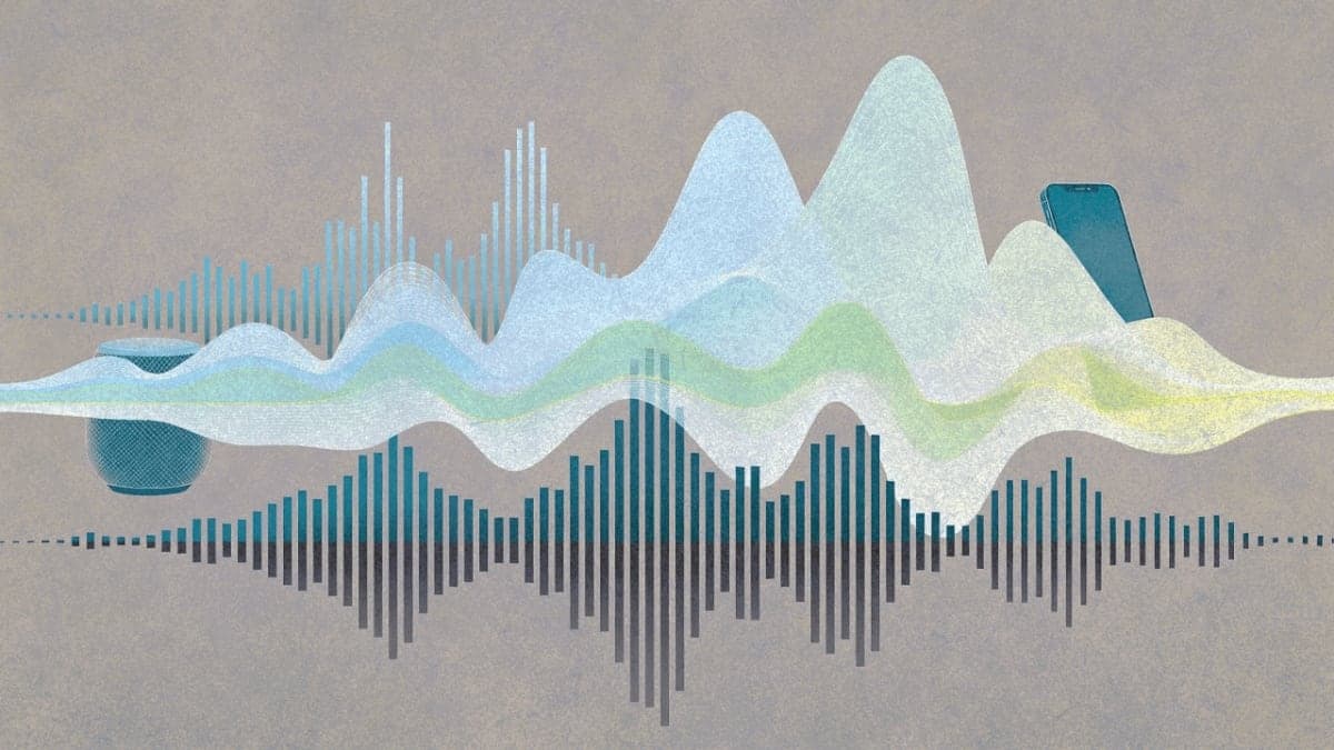 Abstract illustration of sound waves transforming from rigid patterns to fluid curves, emanating from stylized smart speaker and smartphone silhouettes