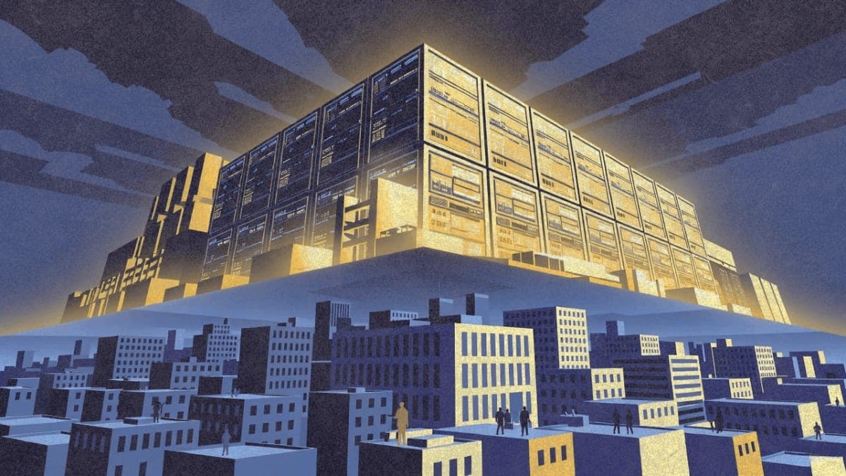 Editorial illustration depicting the growing divide between AI infrastructure wealth and the broader economy