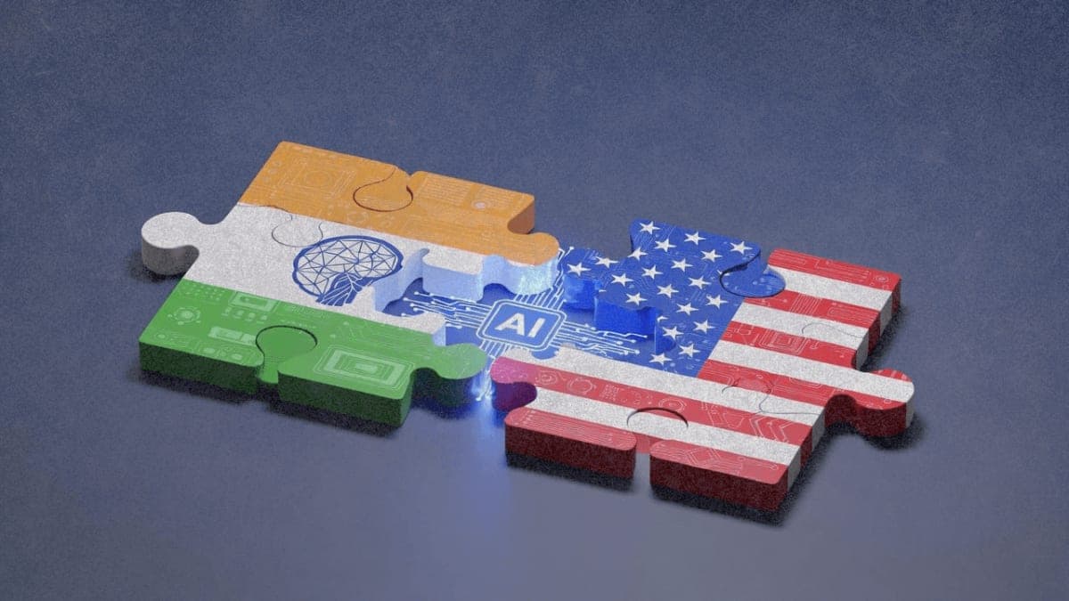 Abstract visualization of India-US tech merger with connecting puzzle pieces and AI network patterns