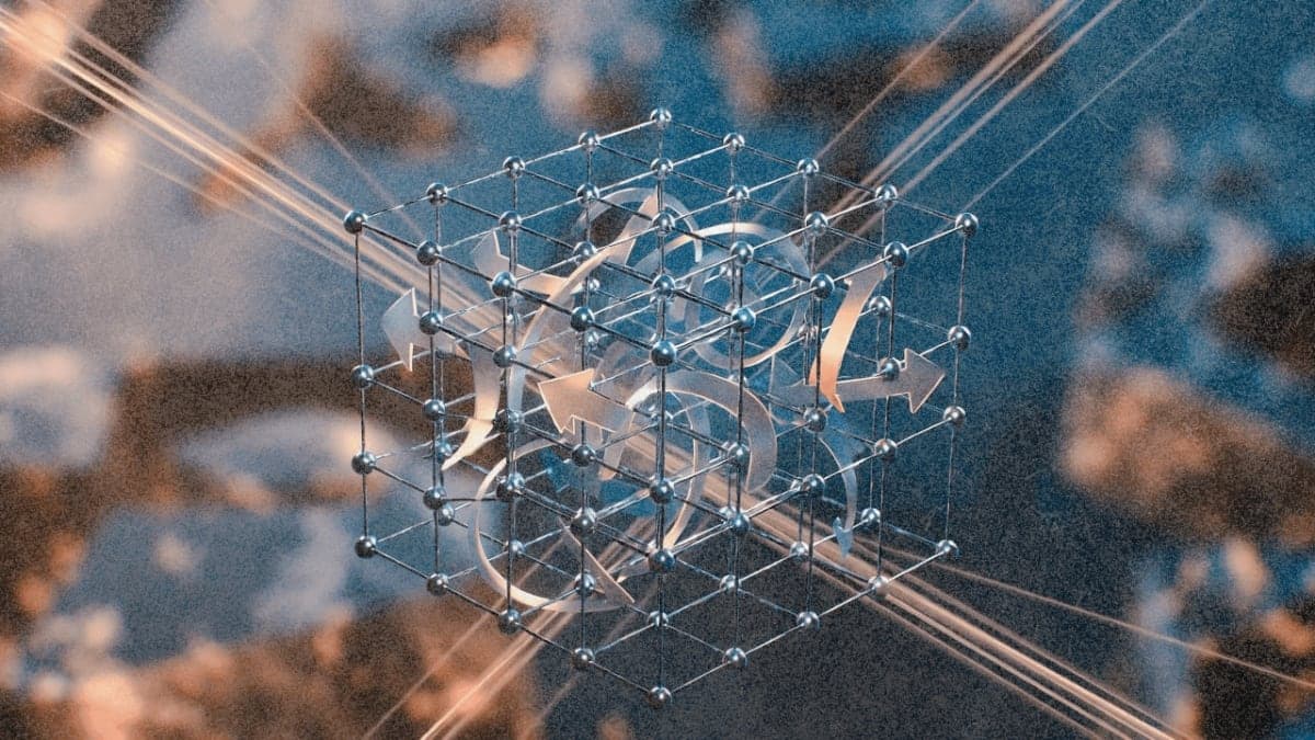Artistic rendering of ruthenium dioxide crystal lattice structure showing alternating spin orientations characteristic of altermagnetic materials