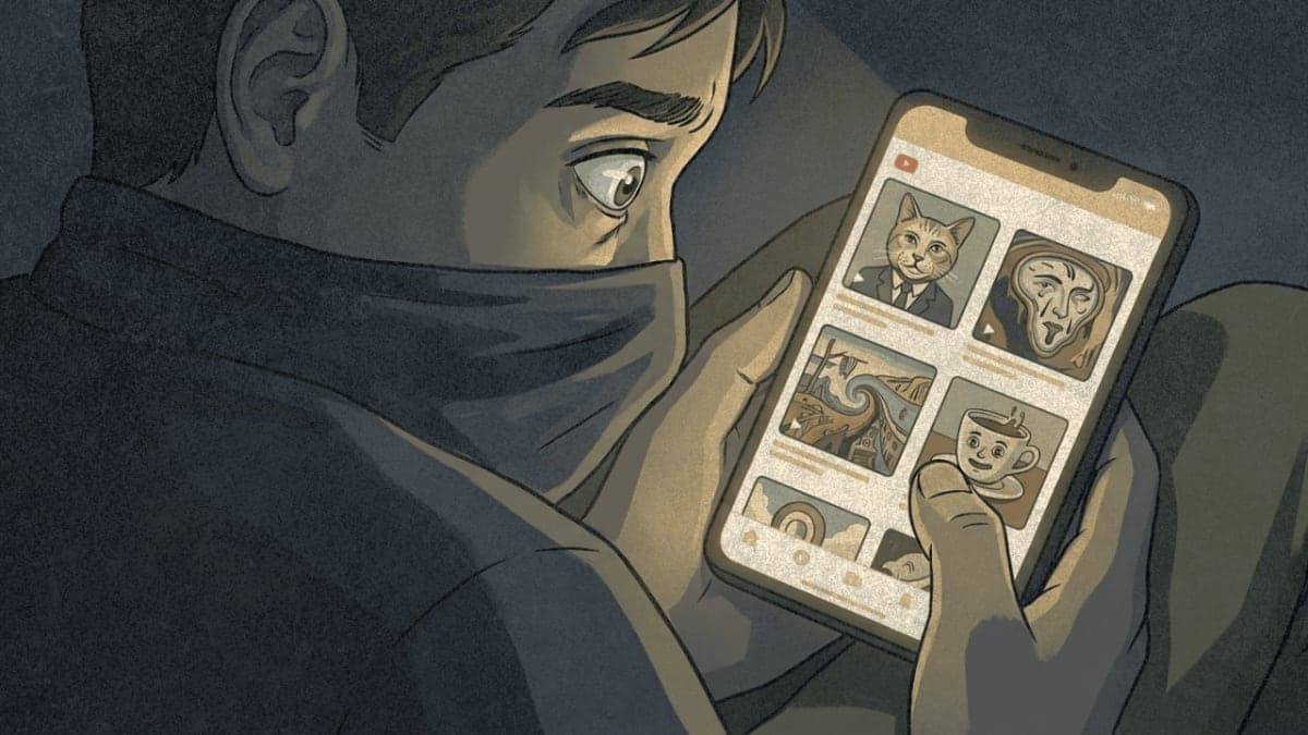 Illustration of a person scrolling through AI-generated video thumbnails on their phone in a dark room
