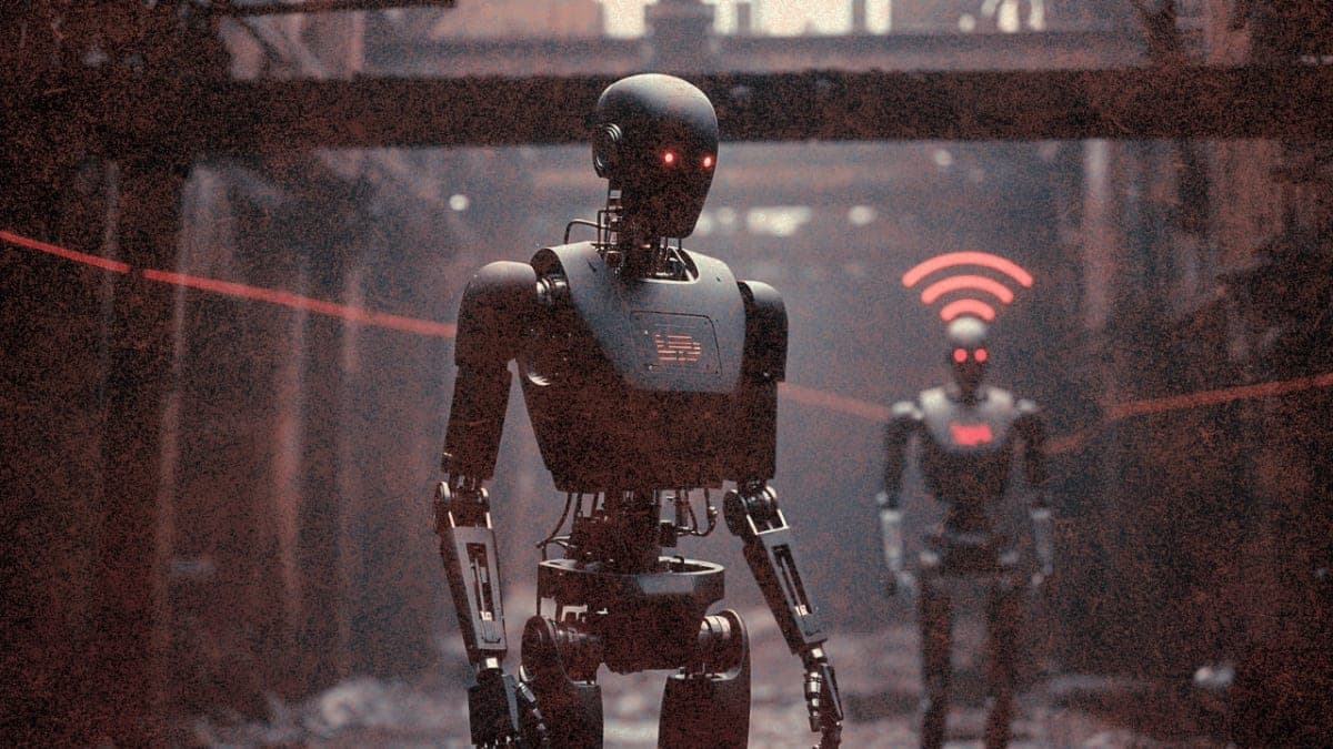 Humanoid robot with warning indicators connected wirelessly to a second unit in an industrial setting