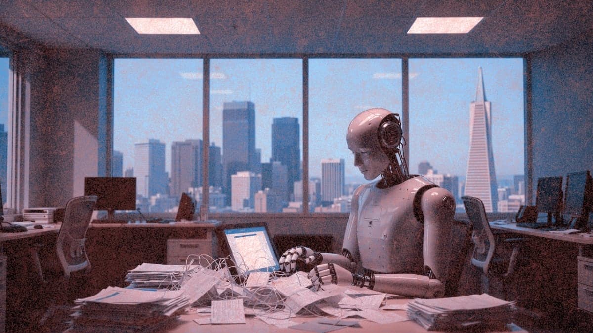 Empty office desks symbolizing Salesforce's AI-driven workforce reduction with San Francisco skyline in background