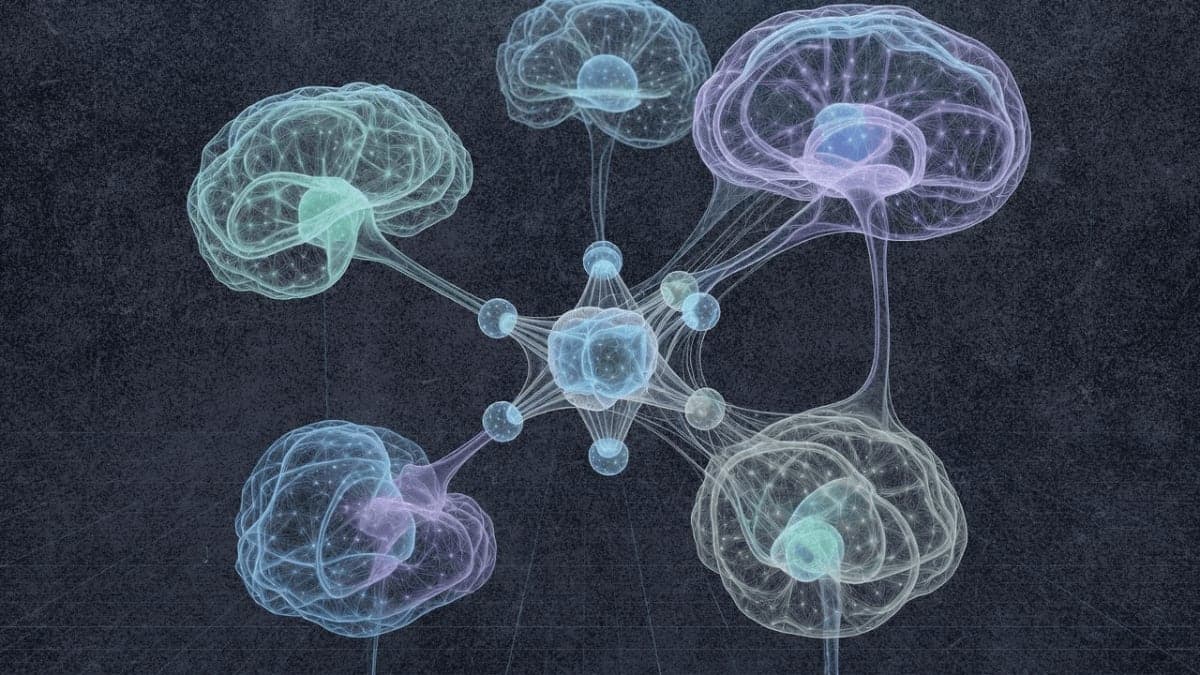Illustration showing multiple neural network representations converging toward a shared molecular structure at the center, symbolizing AI models learning aligned representations of matter.