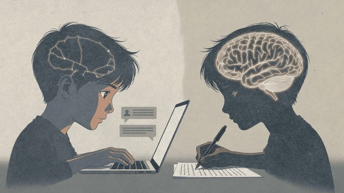Split illustration comparing brain activity between AI-assisted and unaided writing, showing denser neural connections during independent work