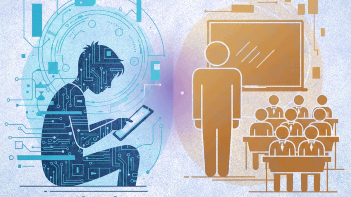 Abstract illustration contrasting AI-driven personalized learning with traditional classroom instruction, showing glowing data patterns on one side and a simplified teacher-student arrangement on the other.