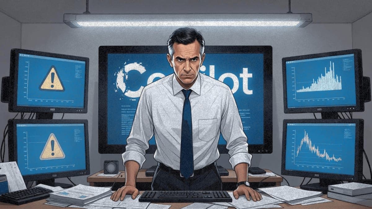 Illustration of Microsoft CEO Satya Nadella working at a desk surrounded by monitors showing technical problems