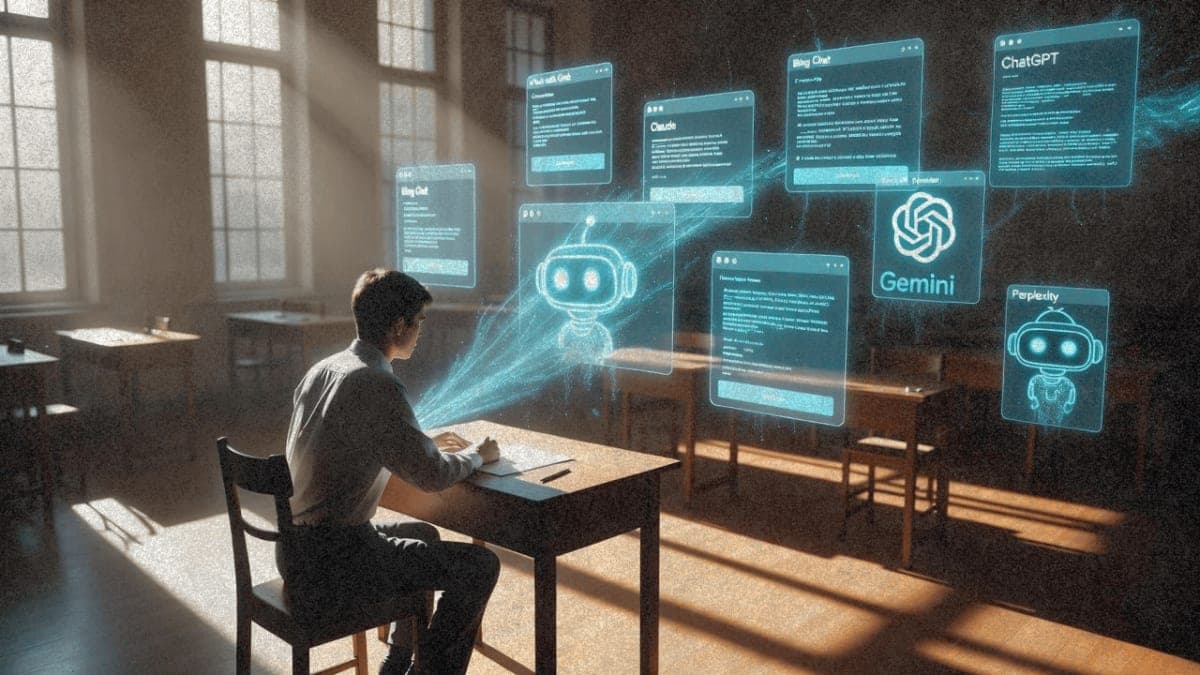 Illustration of a student at an exam desk in a large hall with fading holographic AI chatbot screens in the background