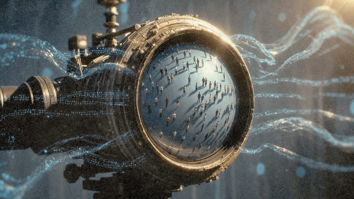 Illustration of a film camera lens reflecting human figures surrounded by digital code streams