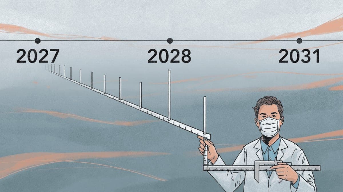 Illustration of a researcher examining an extended AI timeline stretching toward an uncertain horizon