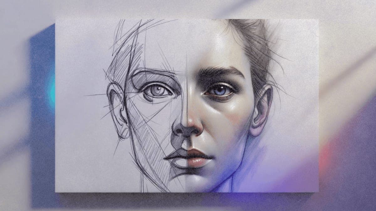 Digital illustration showing AI image generation process from sketch to photorealistic portrait