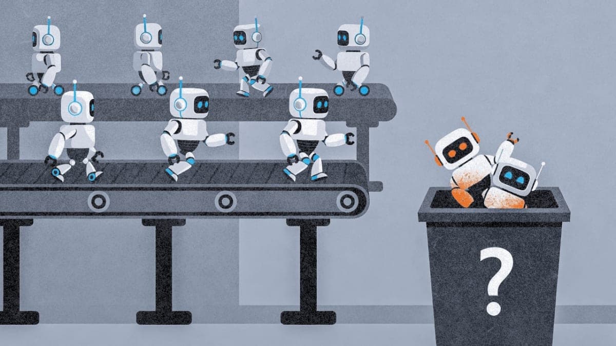 Stylized conveyor belt sorting functional AI robots from ones being discarded, representing the coming reckoning for enterprise AI projects