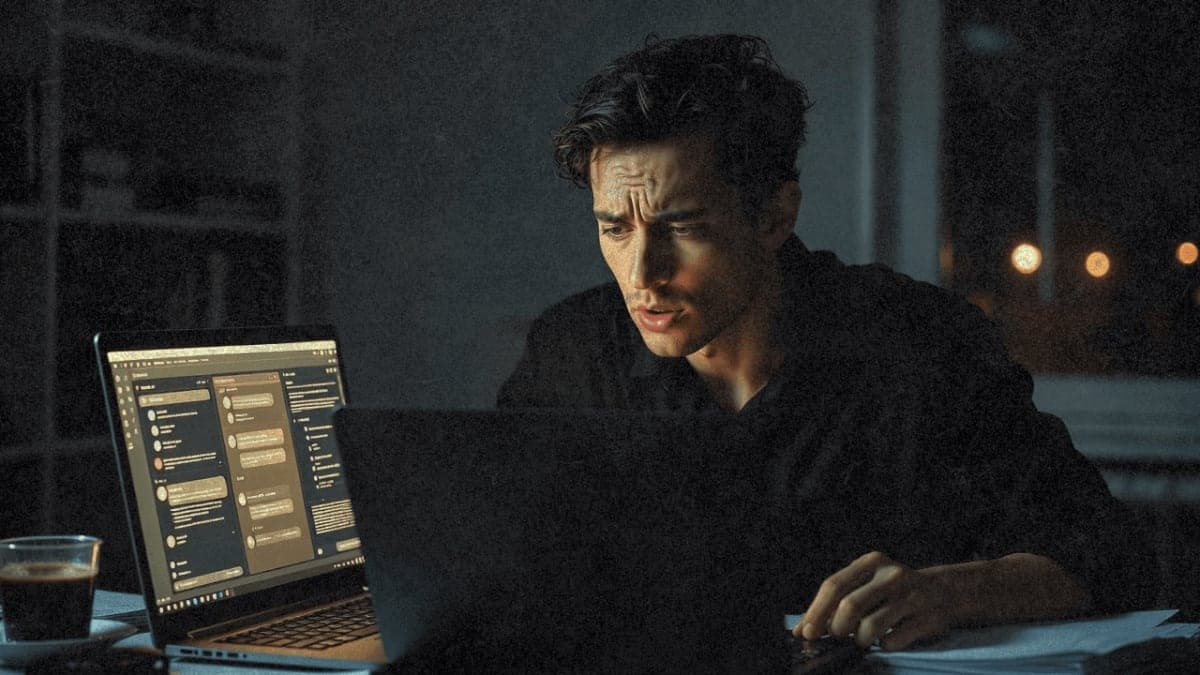 Person working late at computer with multiple AI interfaces open, looking skeptical