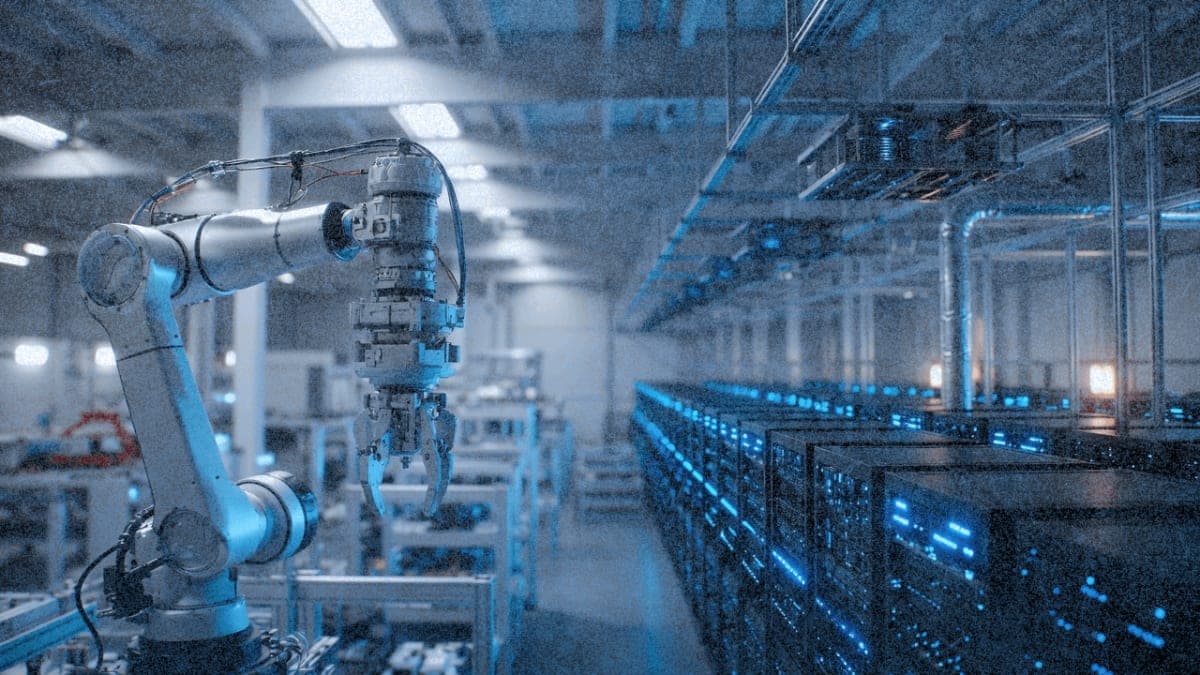 Split view of humanoid robot in warehouse and data center server room with blue lighting