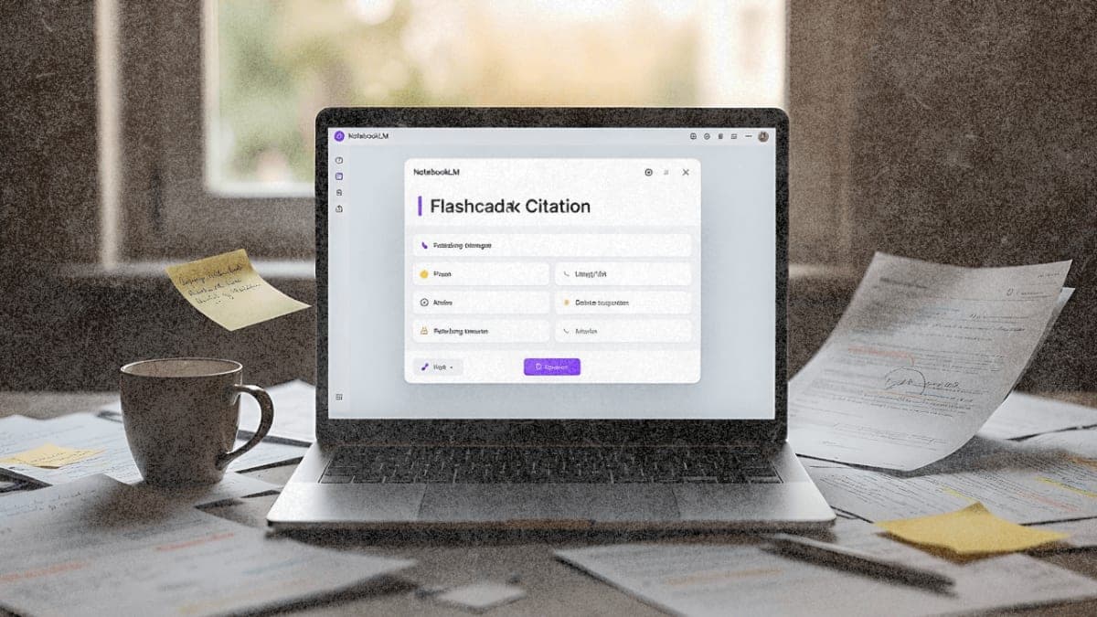 Laptop showing NotebookLM flashcard interface on a desk with documents and notes
