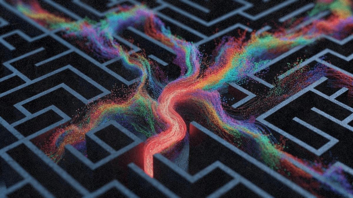 Abstract visualization of an AI solving a maze through diffusion-based image generation