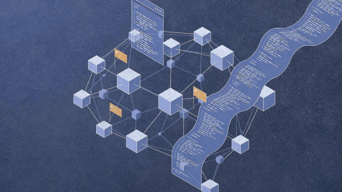 Abstract visualization of code flowing through neural network architecture representing IQuest-Coder AI model