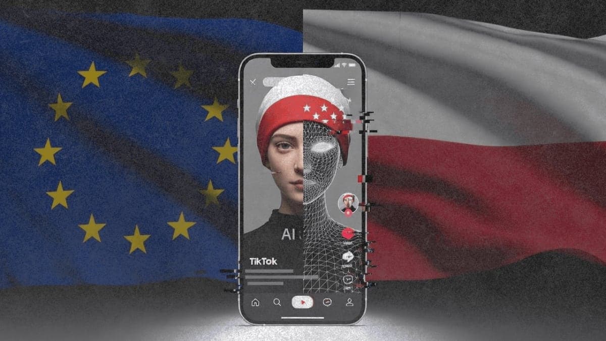 Smartphone showing AI-generated video content with Polish and EU flags in background, illustrating AI disinformation concerns