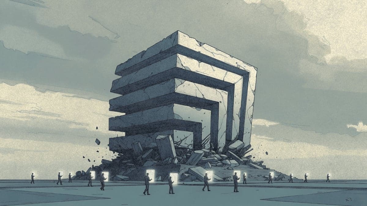 Illustration of a crumbling monument shaped like the Stack Overflow logo with people walking past staring at phones