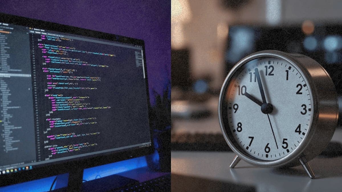 Split screen showing code and clock representing time contrast in AI coding