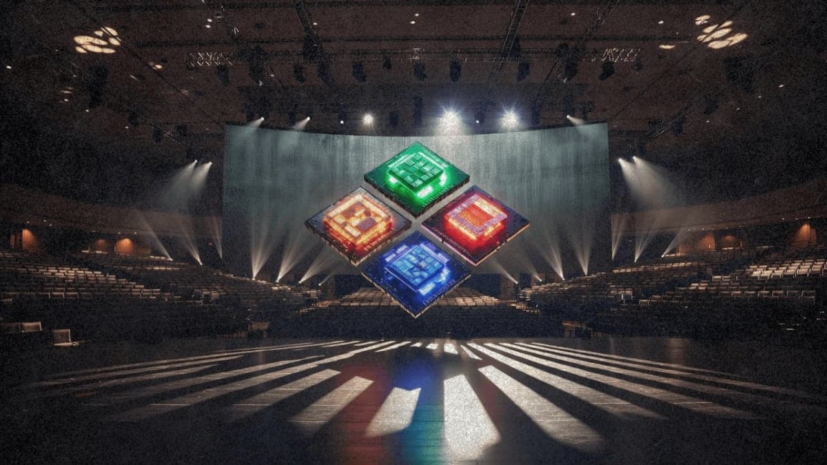 Four illuminated processor chips on CES convention center stage representing Nvidia, AMD, Intel, and Qualcomm competition