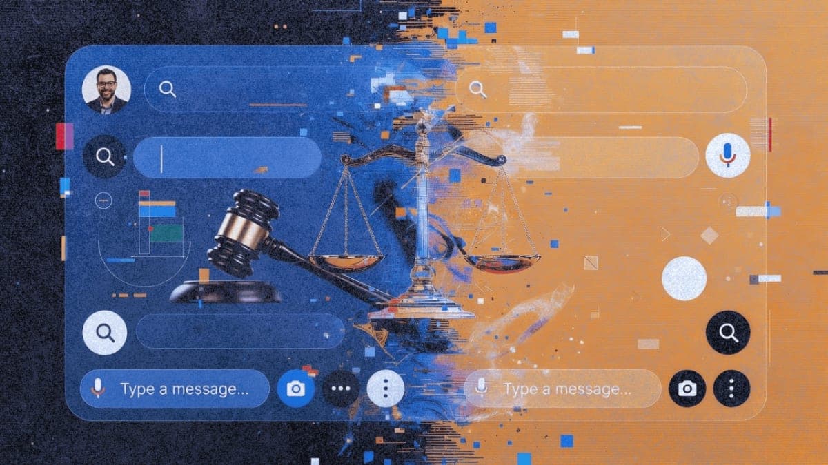 Split screen illustration showing two AI chatbot interfaces with contrasting responses and legal imagery