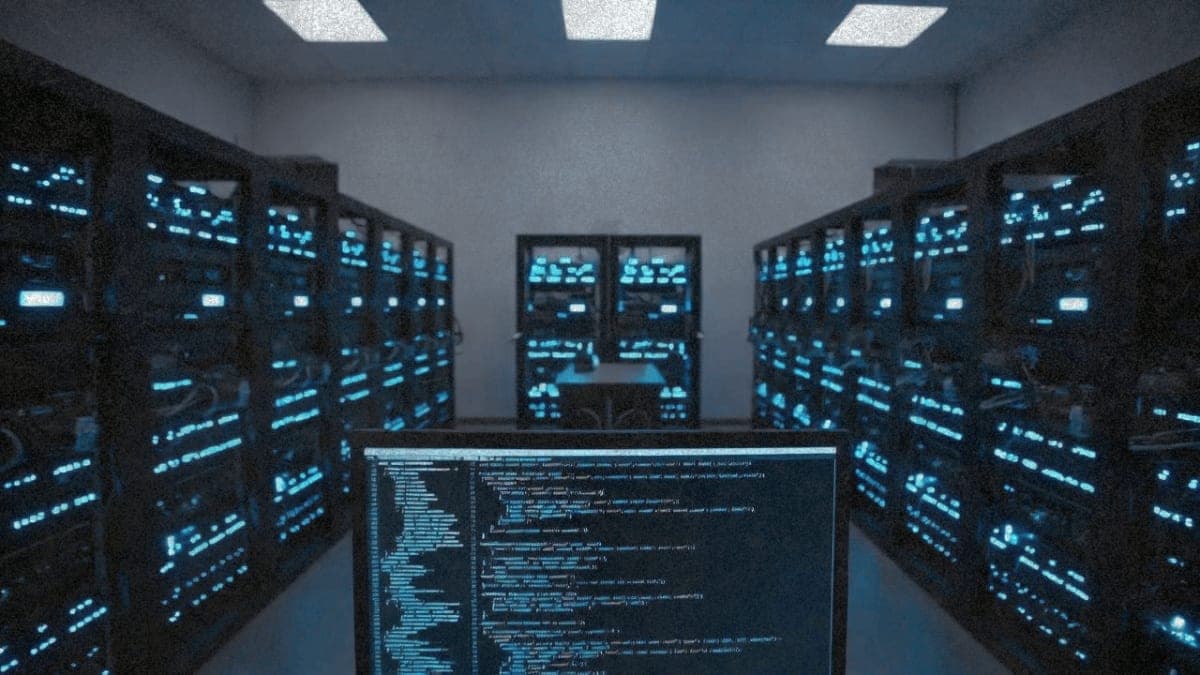 Server room with code display showing multiple programming languages
