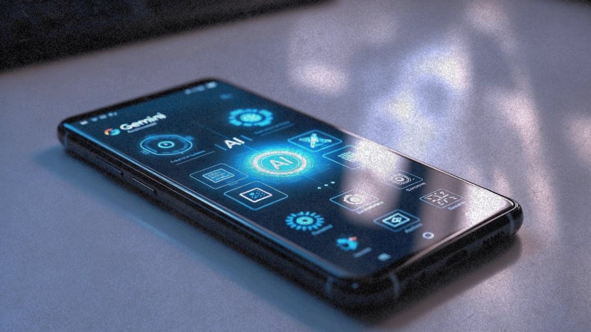 Samsung smartphone displaying Gemini AI interface with soft ambient lighting