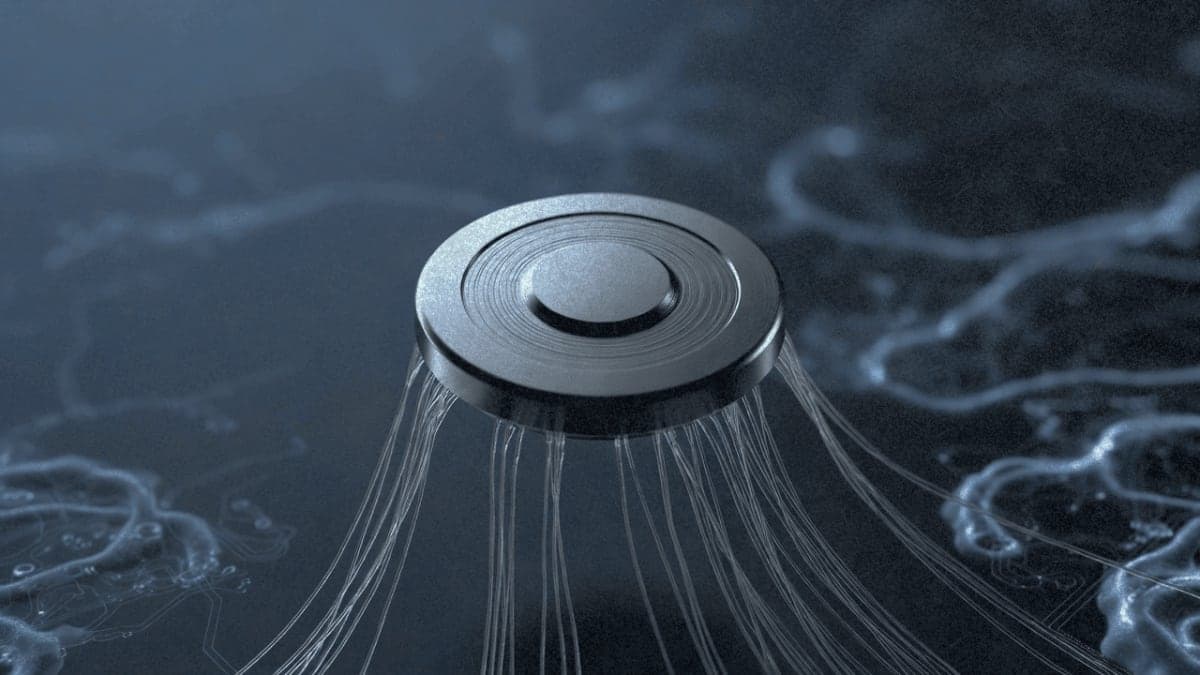 Neuralink brain-computer interface device illustration with electrode threads