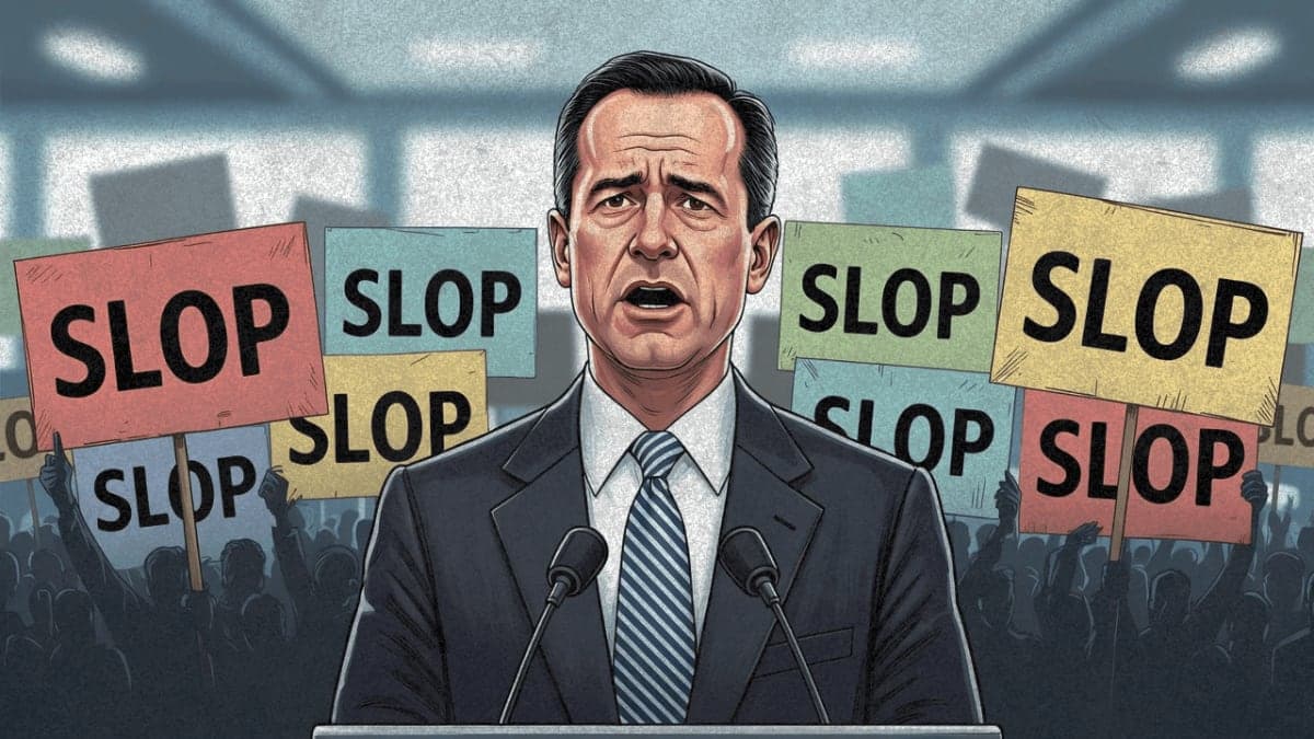 Editorial illustration of a tech executive at a podium facing a crowd holding "SLOP" protest signs