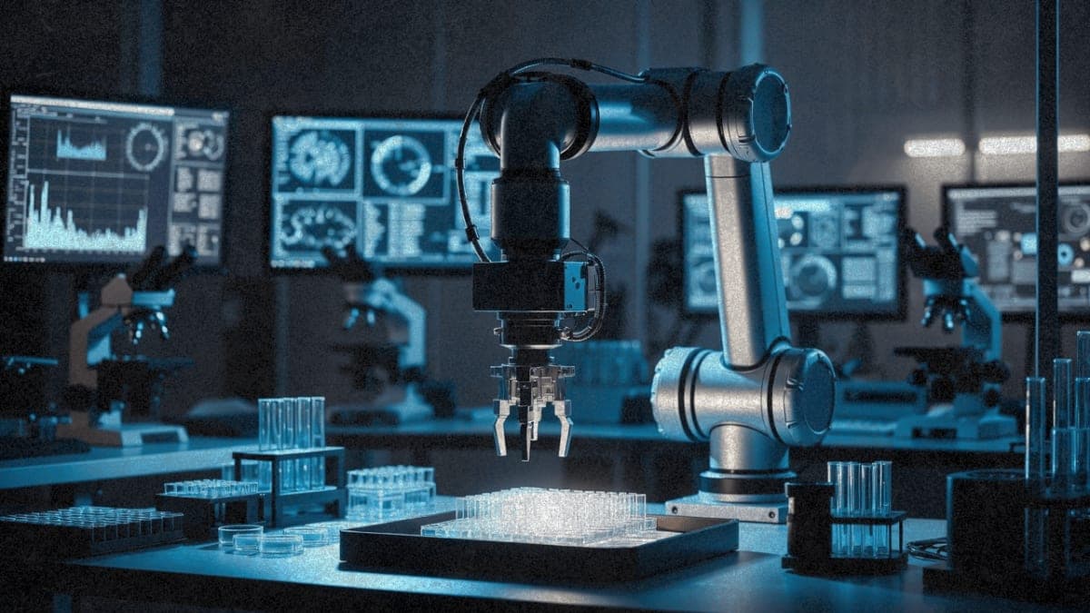 Robotic arm in a research laboratory with computer monitors displaying data visualizations in the background