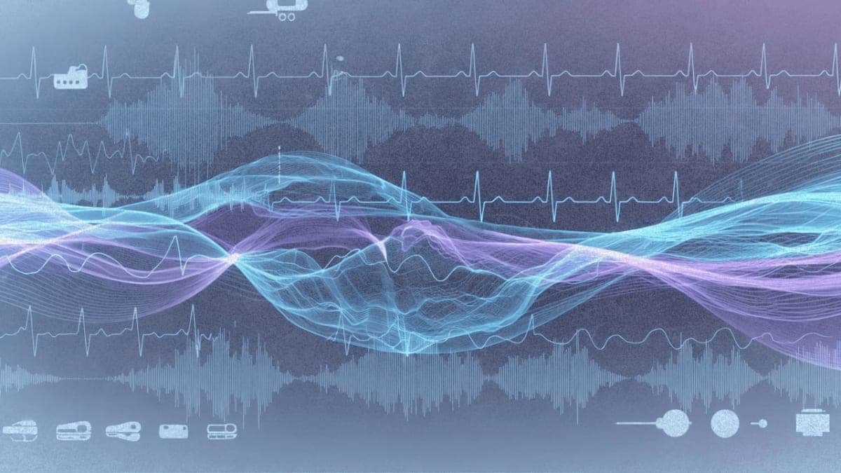 Abstract visualization of multimodal sleep data streams flowing through an AI neural network